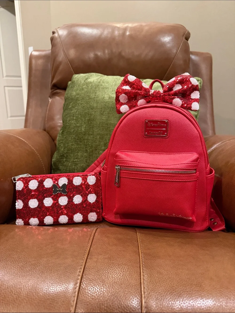 Disney Parks Loungefly Red Minnie Sequin Bow Backpack and Matching Wallet